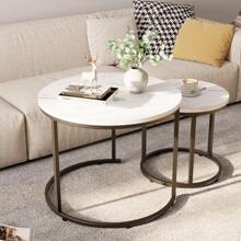 Round Nesting Coffee Table Side Table Set of 2 End Tables for Living Room Bedroom Balcony,White Faux Marble Wooden Table 31IN Accent Large Coffee Table with Black Steel Frame - White - View 7