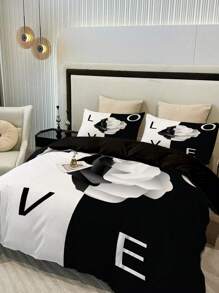 3 件組時尚簡約被套套裝（1 被套 + 2 枕套,無芯）,愛情玫瑰印花床上用品套裝,柔軟透氣滌綸被套,適用於臥室和客人 - 黑與白 - 查看 4