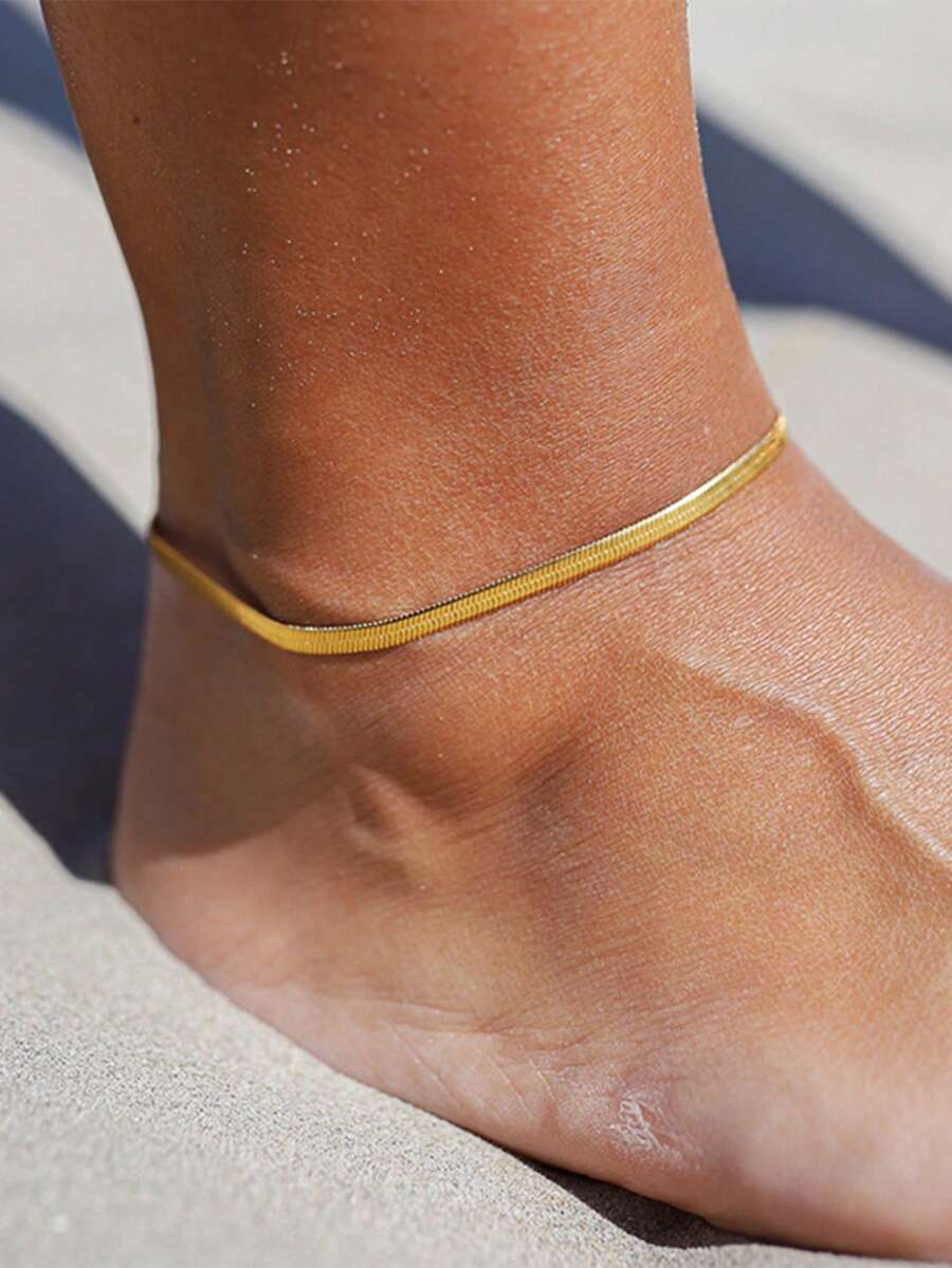 1入流行金屬平面迷彩鏈紋腳鏈，適合女性日常佩戴 - 金黃色 - 查看 1