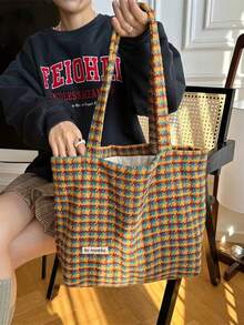 韓國ins風格甜美可愛肩背袋,條紋網格新鮮小眾大容量通勤多功能手提袋 - 橘色 - 查看 3