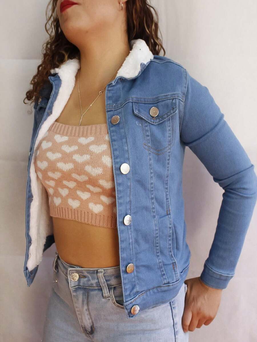 Chamarra de mezclilla para dama forro de borrega - Azul - Ver 1