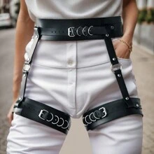 Women Leather Harness Thigh Bondage Garters Wide Belt Strap Suspenders - Black - View 1