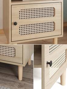 Nightstand with Charging Station,Rattan Bedside Table,Boho End Table with Rattan Storage&Open Shelf,Side Table with USB Ports&Power Outlets,Solid Wooden Legs,for Bedroom,Living Room(2 Strip) 2Pack - 米色 - 查看 4