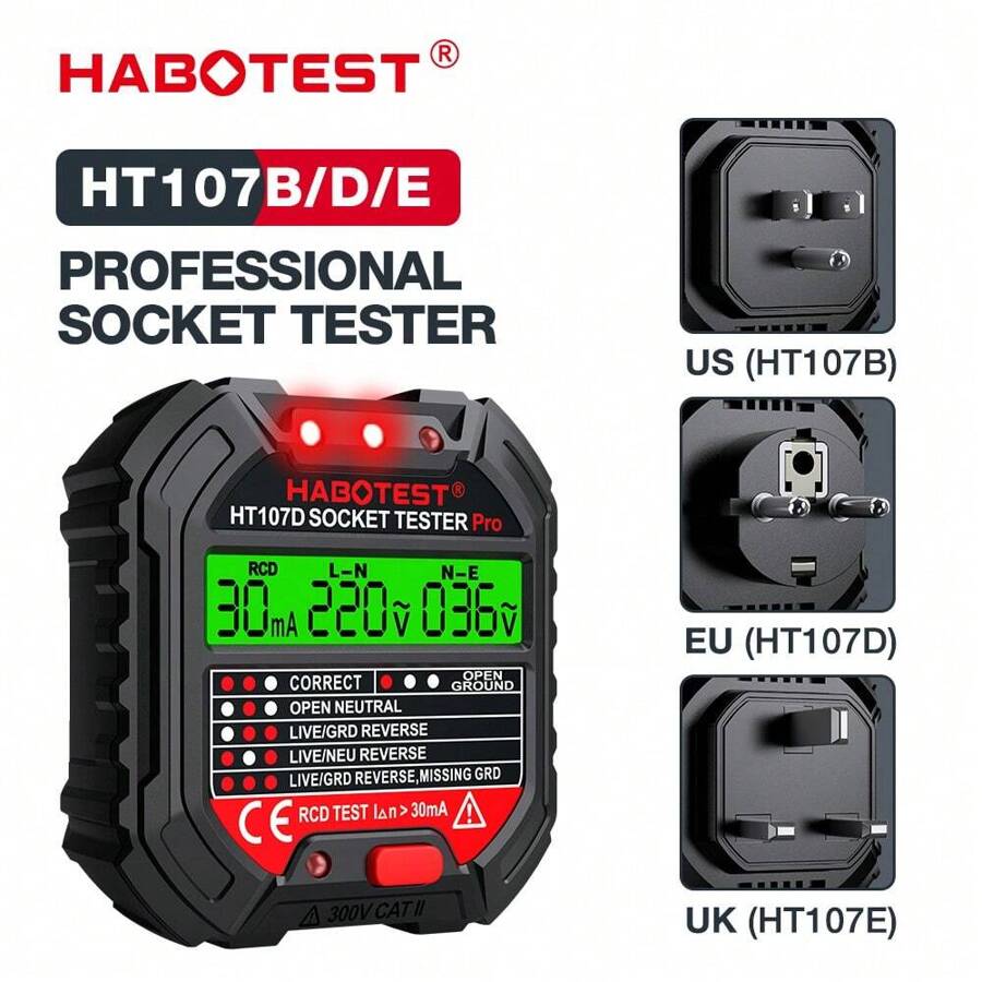 Habotest Ht107 Gfci/rcd插座測試器帶電壓顯示48v-250v插座測試儀自動電路極性電壓檢測器斷路器檢測儀 - 黑色 - 查看 1