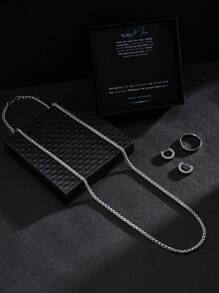 4pcs Silver-Tone Men'S Minimalist Stainless Steel Necklace + Ring + Earrings Set With Blessing Card And Gift Box, For Father/ Son/ Boyfriend/ Men - Silver - View 9