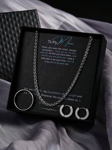 4pcs Silver-Tone Men'S Minimalist Stainless Steel Necklace + Ring + Earrings Set With Blessing Card And Gift Box, For Father/ Son/ Boyfriend/ Men - Silver - View 7