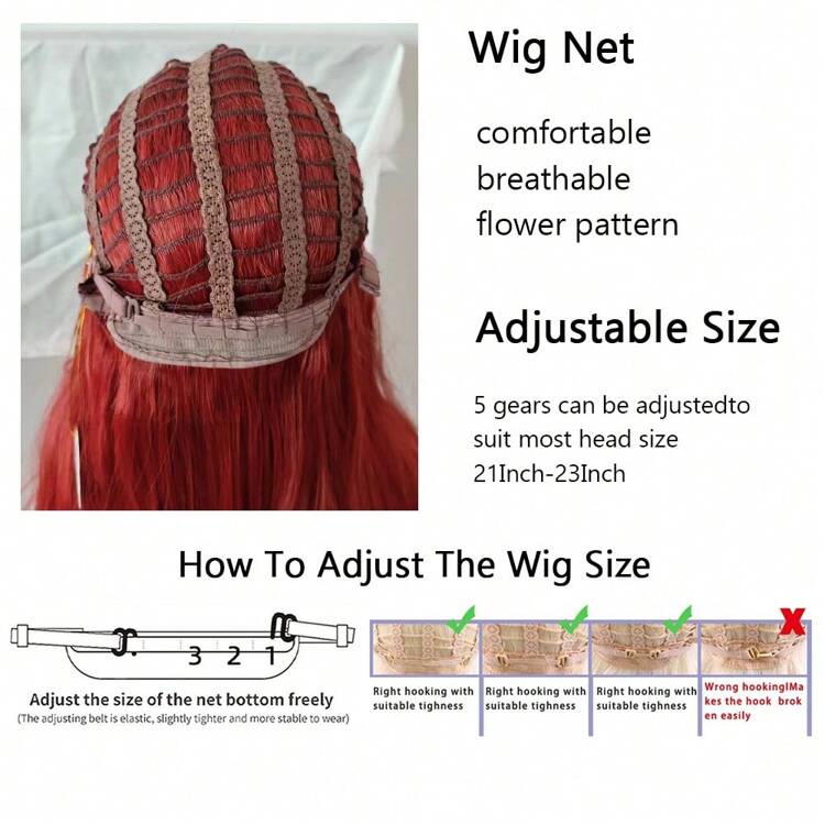 Perruque longue, ondulée et naturelle en rouge pour femmes avec frange, perruque synthétique résistante à la chaleur pour usage quotidien et fête - Rouge - Voir 10