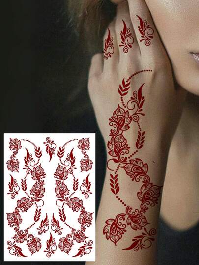 1入組棕色花紋海娜貼紙,防水臨時刺青貼紙,適用於女性節日、婚禮及派對手部身體藝術