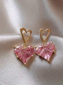 1對超亮粉色水晶玻璃耳環情侶項鍊時尚輕奢百搭禮物 - 粉色 - 查看 4