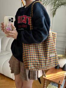 韓國ins風格甜美可愛肩背袋,條紋網格新鮮小眾大容量通勤多功能手提袋 - 橘色 - 查看 2