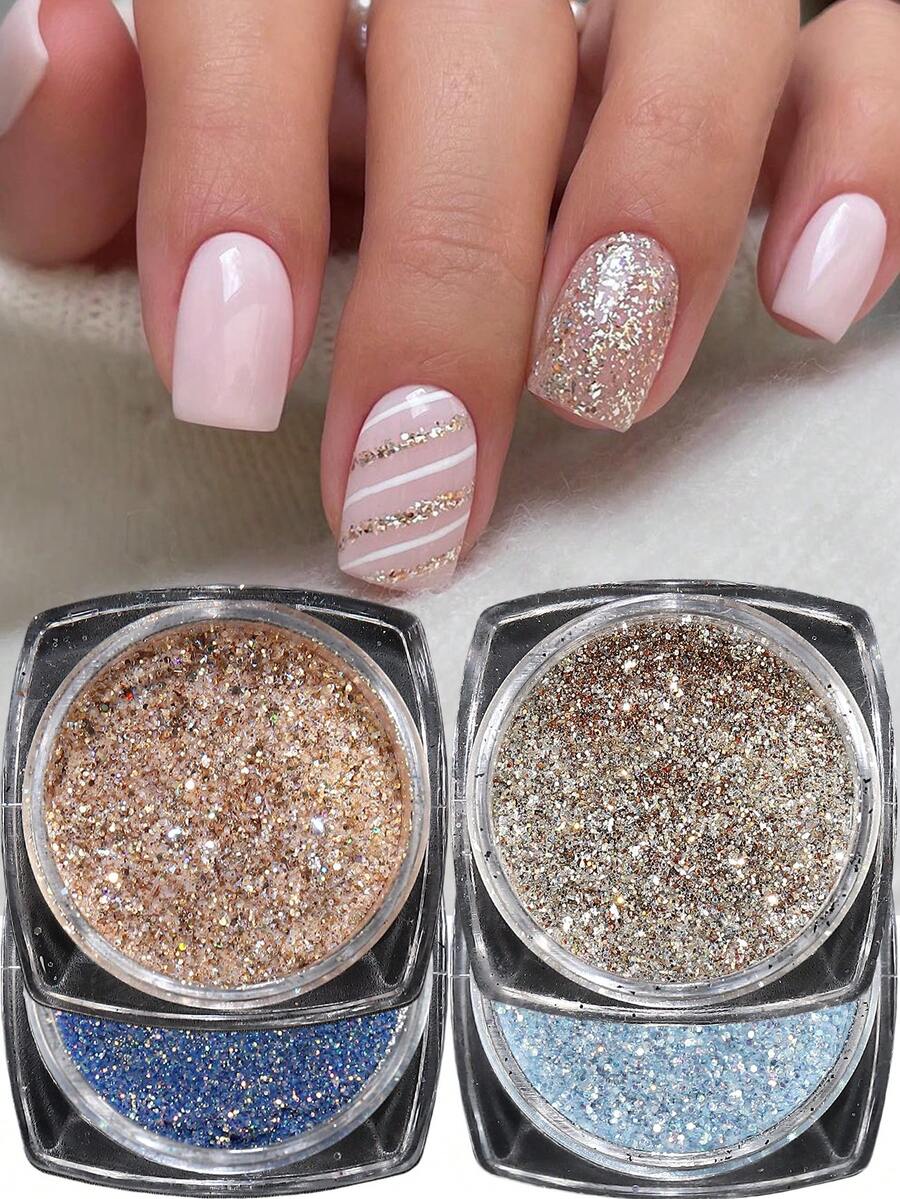 4盒香檳金藍色全息美甲閃粉,金屬閃耀片,用於美甲裝飾的金色美甲閃粉套裝 - 彩色 - 查看 1