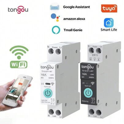 TONGOU 1入組TUYA WiFi智慧開關斷路器，無線手機遙控Din導軌開關4個計時模式，適用於家庭電器的智慧居家設備
