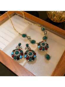 1入組女士多色鑲嵌鑽石花形項鍊和耳環套裝,適合日常穿著 - 彩色 - 查看 1