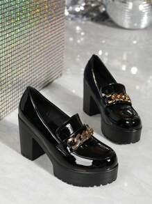 DareSee Women's Black Soft Leather Platform Slip-On Casual Shoes 2025 New Korean Style Thick Bottom Low Top High Heel Loafers For Petite Music-Fest Y2K-Fest Back To School Autumn Winter Gifts