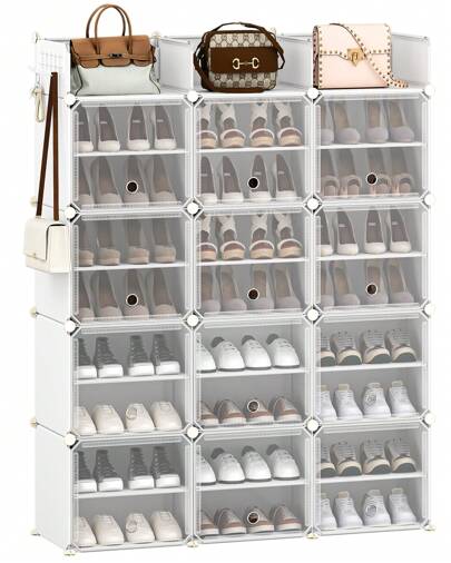 Hzuaneri Schuhregal, 12-stöckiges Schuhregal mit Deckelverschluss und Haken, großer Platz, Kunststoff-Schuhregal, Schuh-Organisator für Flure, Schlafzimmer, Eingänge, weiß