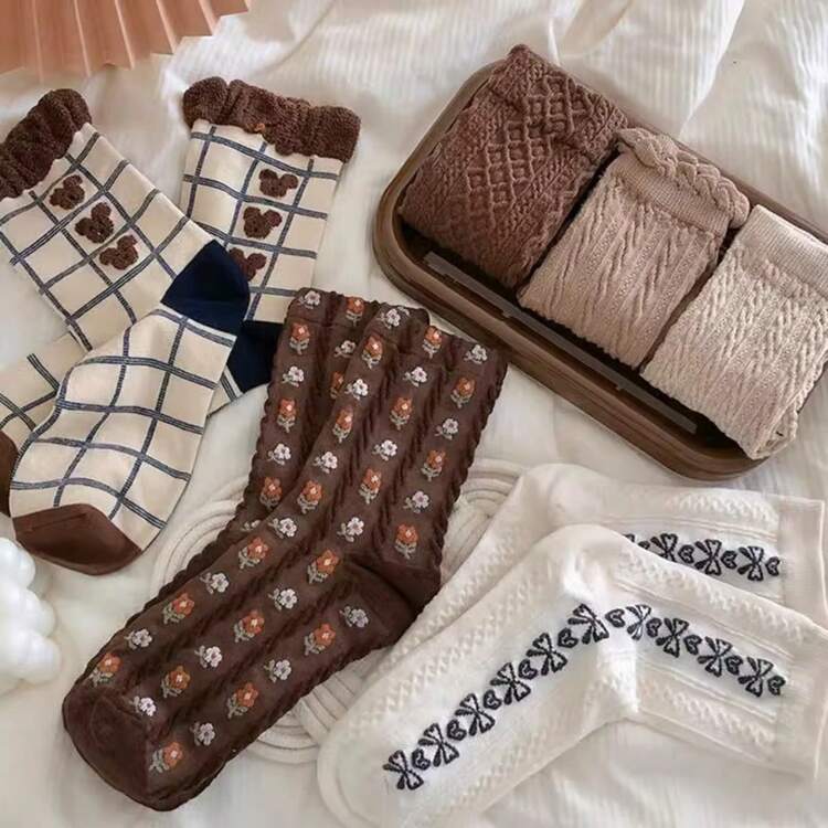 8双/包 女士及幼儿可爱卡通动物图案过膝袜，柔软有弹性，休闲、街头穿搭、个性风格等皆宜 - 彩色 - 查看 3