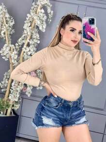 BASIC HIGH NECK THERMAL BLOUSE - 米色 - 查看 2