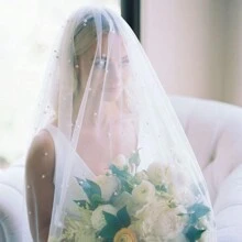 1pc Bridal Veil With Double-Layered Tulle & Faux Pearl Embellishments For Wedding Photoshoot - Beige - View 1