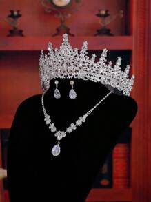一套奢华高贵的银质新娘首饰套装，包括项链、耳环和皇冠。情人节配饰 - 銀色 - 查看 2