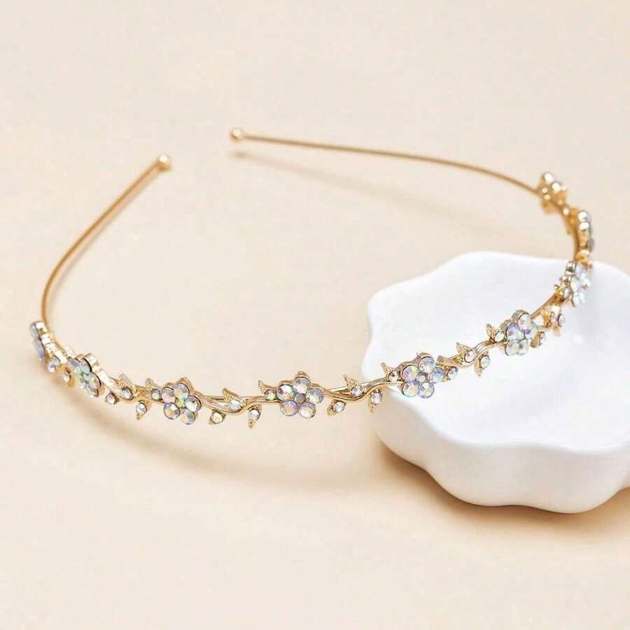 1pc Flower Design Rhinestone Hairband, Suitable For Everyday Wear, As Gifts For Mother, Friend, Teacher, Festival - Gold - View 1