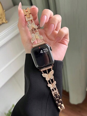 1 件女式时尚闪亮水钻套装蝴蝶金属表带兼容 表带 40 毫米 Ultra2 49 毫米 44 毫米 45 毫米 46 毫米 41 毫米 42 毫米 38 毫米腕带手链兼容 Watch Series 10 SE 9 8 7 6 5 4 3 2 1 配件