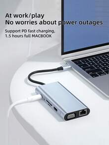USB C Hub, USB C Docking Station, 11 In 1 Type-C Docking Station ,PD Port,HDM,USB 3.0 Hundred Megabit Ethernet Port,TF/SD Card,3.5mm Audio Port,VGA Bigger And Clearer Screen,Data Transfer,USB3.0 High Speed Transmission Hub ,Desigend For  Pro,IPad Pro, 15 Pro/Pro Max Air HP XPS And Other Type C Devices - Grey - View 3