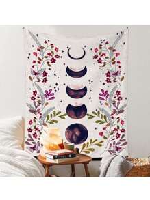 月光花園桃皮掛毯,白色壁掛掛毯,月亮被植物和鮮花包圍 - 彩色 - 查看 3