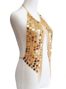 1件女性性感閃閃發光的鏈條項鍊身鏈內衣飾品 - 金色 - 查看 8