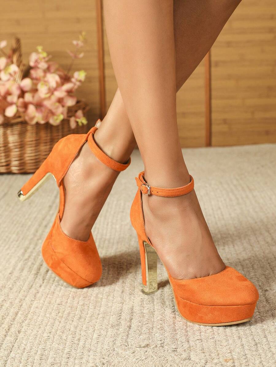 白色圆头粗跟高跟厚底低帮OL鞋 - 橘色 - 查看 1