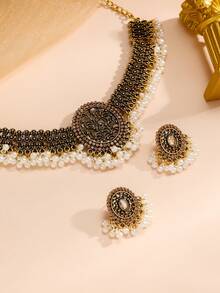 3pcs/Set Vintage Hollow Out Gold-Tone Multi-Bead Pendant Necklace And Earrings For Women - Gold - View 2