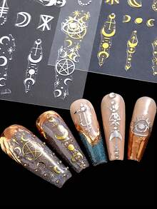 4入組太陽、月亮和星星美甲貼紙,3d自粘美甲貼紙,復古金色和銀色月亮星星符號,美甲裝飾圖案設計,女性diy美甲裝飾所需的美甲用品 - 彩色 - 查看 7