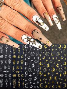 4入組太陽、月亮和星星美甲貼紙,3d自粘美甲貼紙,復古金色和銀色月亮星星符號,美甲裝飾圖案設計,女性diy美甲裝飾所需的美甲用品 - 彩色 - 查看 2