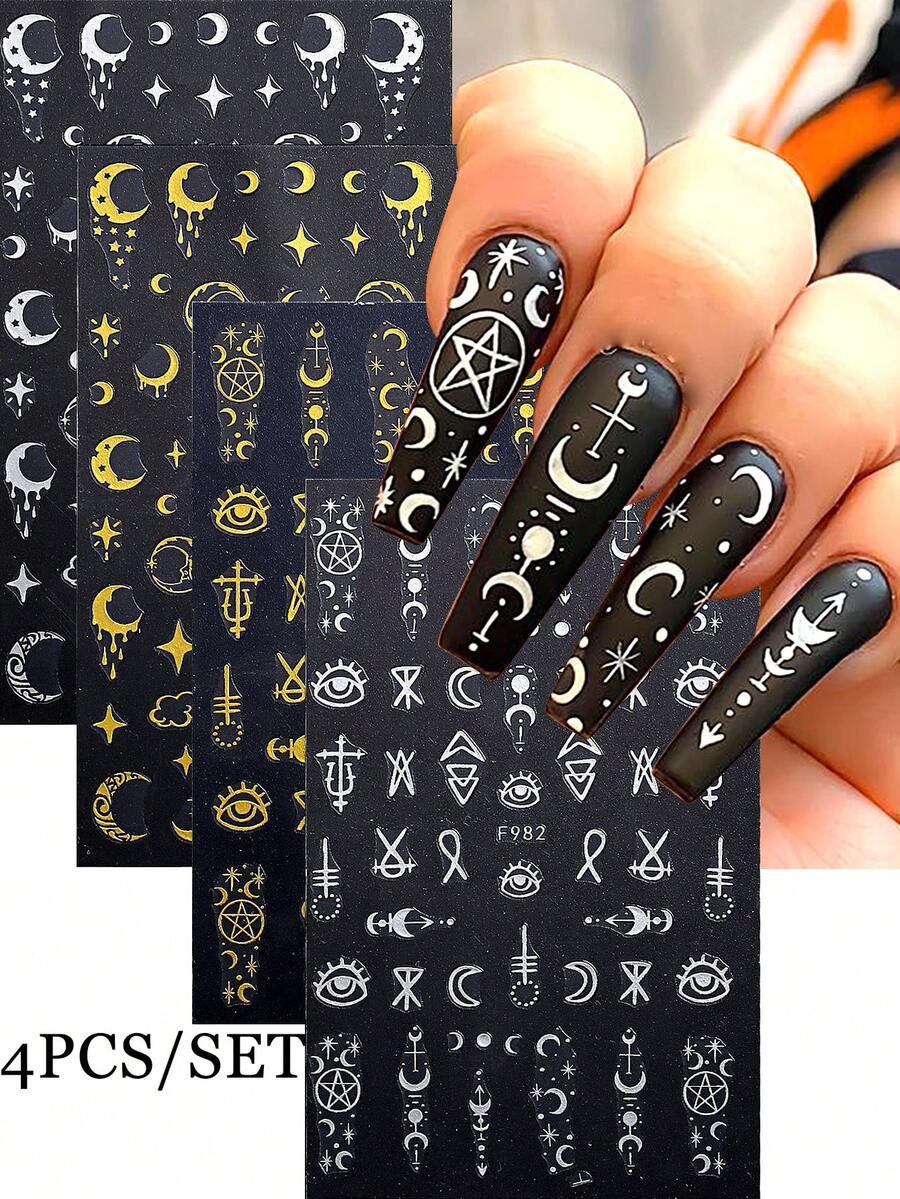 4入組太陽、月亮和星星美甲貼紙,3d自粘美甲貼紙,復古金色和銀色月亮星星符號,美甲裝飾圖案設計,女性diy美甲裝飾所需的美甲用品 - 彩色 - 查看 1