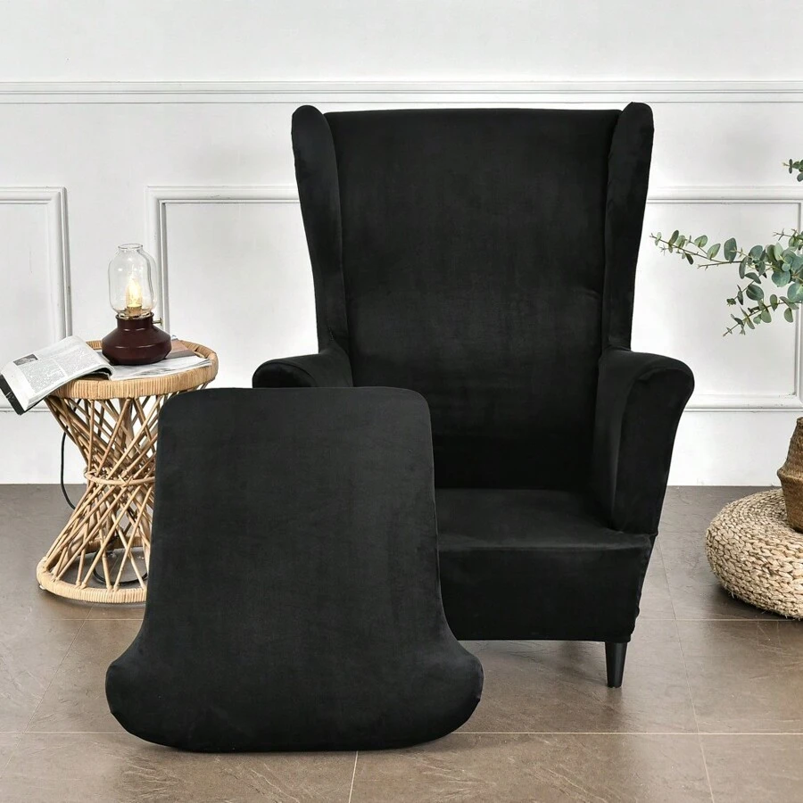 MIFXIN Wingback Chair Slipcover 2 Piece Set Velvet Stretch Wingback Chair Covers With Cushion Cover Soft Washable Armchair Furniture Protector For Living Room Bedroom - 黑色 - 查看 1