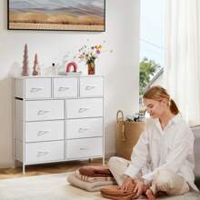 Sweetcrispy 9 Tall Fabric Clothes Cabinet Storage Organizers And Wood Top Surface Table Chest Of Drawers, 9 Drawer Dresser,Grids Grid Cabinet  Fabric Storage Tower For Bedroom, Hallway, Entryway, Closet, Tall Chest Organizer Unit With Fabric Bins, Steel Frame, Wood Top, Easy Pull Handle, Charcoal,White - 白色 - 查看 9