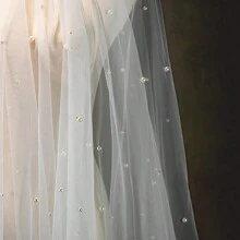 1pc Bridal Veil With Double-Layered Tulle & Faux Pearl Embellishments For Wedding Photoshoot - Beige - View 7