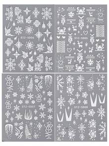 4入組5d浮雕聖誕雪花美甲貼紙,冬季設計自粘式美甲貼紙,法式美甲麋鹿、雪人裝飾diy工具 - 白色 - 查看 3