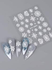 4入組5d浮雕聖誕雪花美甲貼紙,冬季設計自粘式美甲貼紙,法式美甲麋鹿、雪人裝飾diy工具 - 白色 - 查看 7