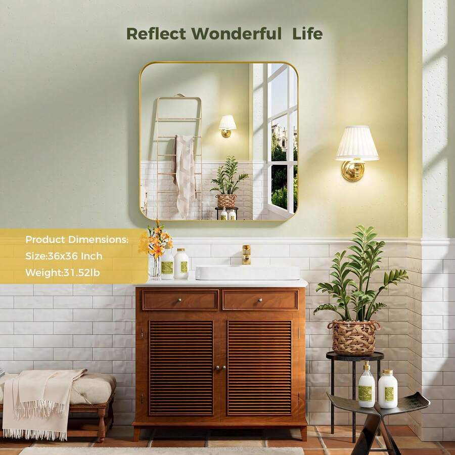 Gold Bathroom Mirror 36x36 Inch, Gold Wall Mirror Brass Brushed Metal