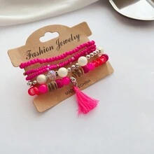 5入組波西米亞風格多元素手鍊,含粉色磁珠、玻璃水晶、亞克力流蘇,適合日常穿戴 - 玫紅色 - 查看 5