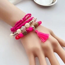 5入組波西米亞風格多元素手鍊,含粉色磁珠、玻璃水晶、亞克力流蘇,適合日常穿戴 - 玫紅色 - 查看 3