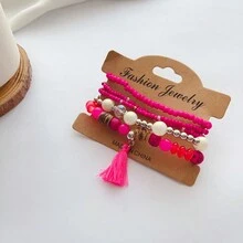 5入組波西米亞風格多元素手鍊,含粉色磁珠、玻璃水晶、亞克力流蘇,適合日常穿戴 - 玫紅色 - 查看 6