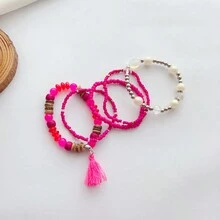 5入組波西米亞風格多元素手鍊,含粉色磁珠、玻璃水晶、亞克力流蘇,適合日常穿戴 - 玫紅色 - 查看 1