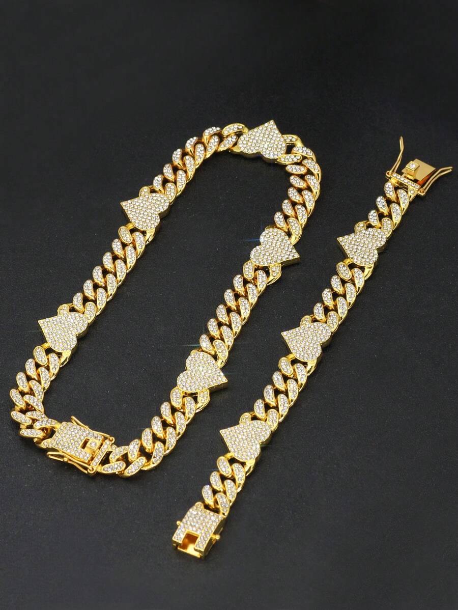 2件套欧美嘻哈风格个性化链条设计心形吊坠项链和手链