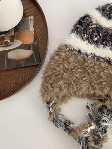 1頂冬天毛線帽子帶耳掛,厚實、色彩豐富、毛茸茸、流蘇、滑雪帽,適用於戶外騎行 - 咖啡棕 - 查看 6