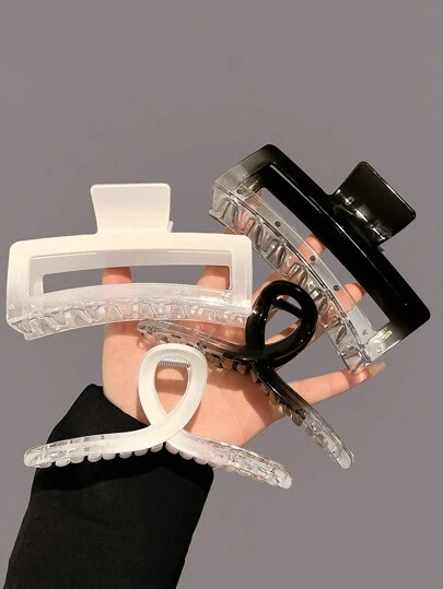 4 件装女士时尚百搭渐变黑白方形和矩形大号塑料发夹，适合日常使用、外出、洗脸/淋浴/化妆、服装配饰、头饰、发型设计休闲发夹发夹发夹发夹，优雅、学校用品、学院秋冬发夹发饰女士蝴蝶结度假装女士