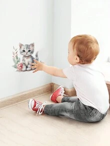 1入組討喜貓咪和花卉圖案diy繪畫防潮壁紙,自粘壁紙貼紙適用於兒童房和寶寶臥室,家居裝飾,1組含1入,尺寸為9.29x9.29英寸 - 彩色 - 查看 3