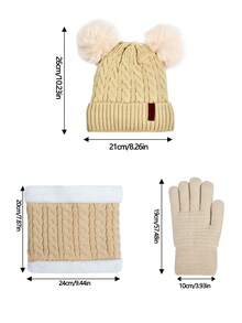 Children's Ages 0-10 Double Ball Fur-Like Rabbit Hair Knitted Set With Thermal Lined And Scarf, 3 Pieces Set For Christmas Gift - Beige - View 6