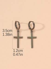 1pair European And American Style Copper Hoop Earrings With Gold-tone Cross Pendant For Women Daily Wear - Gun Black - View 4