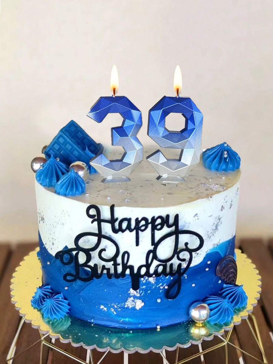 1pc New Design Blue To Silver Ombre Diamond Shaped Birthday/Party Cake Candle With Numbers 0-9,Christmas - Blue - View 1